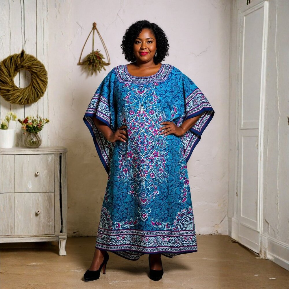 Gypsie Blu Plus Size Floral Print Kaftan Beach Cover-Up Maxi Dresses for Women
